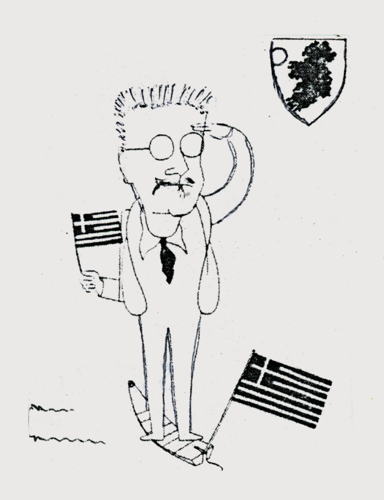 Hoffmeister Adolf: James Joyce. Hoffmeister Adolf (1902-1973) cseh író, költő, díszlettervező, a dadaizmus képviselője. Műveit vidám kötetlenség, derűs játékosság, néha éles gúny jellemezte. Karikatúráival nagy sikert aratott. grafika,rajz,illusztráció,karikatúra,szatirikus jellemábrázolás,dadaizmus,kollázs